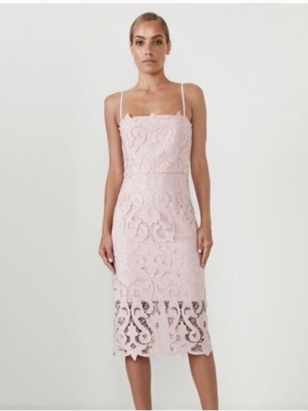 Bardot Blush Lace Midi Dress with Spaghetti Straps